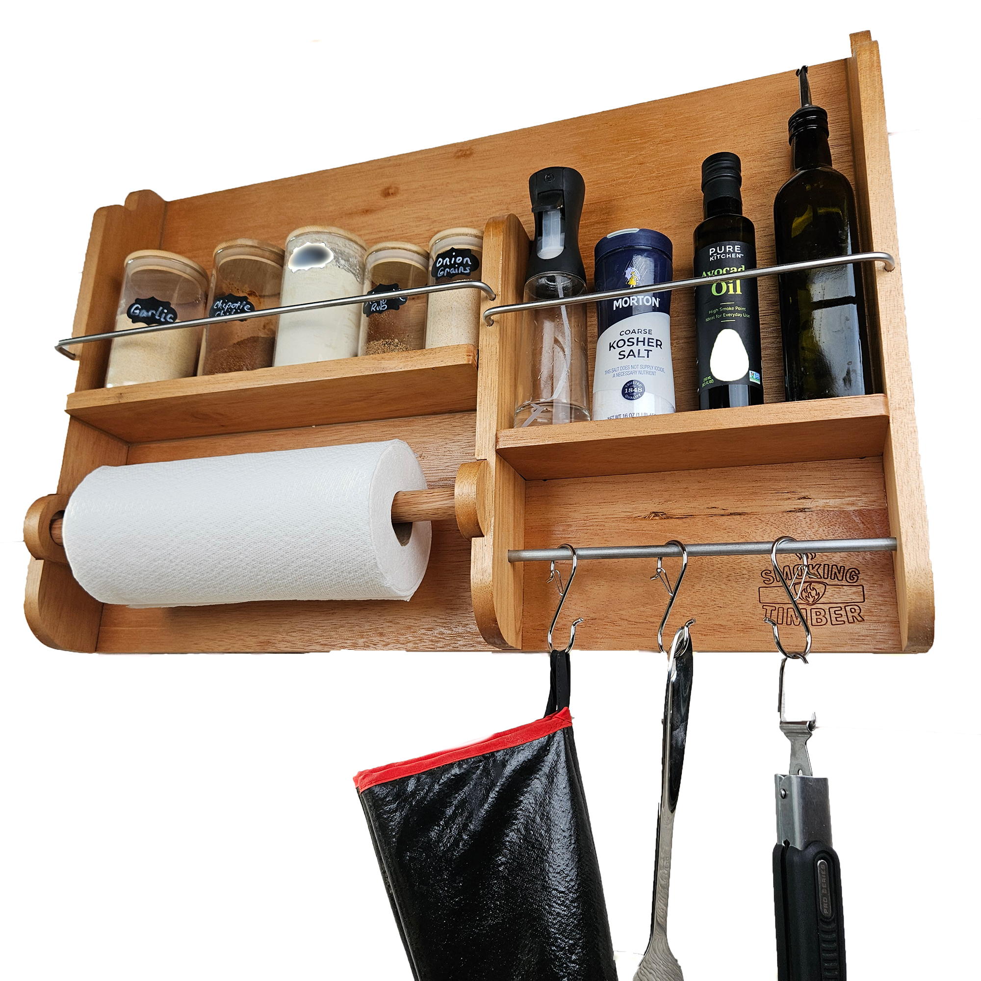 Cedar spice rack mounted on wall holding BBQ rubs