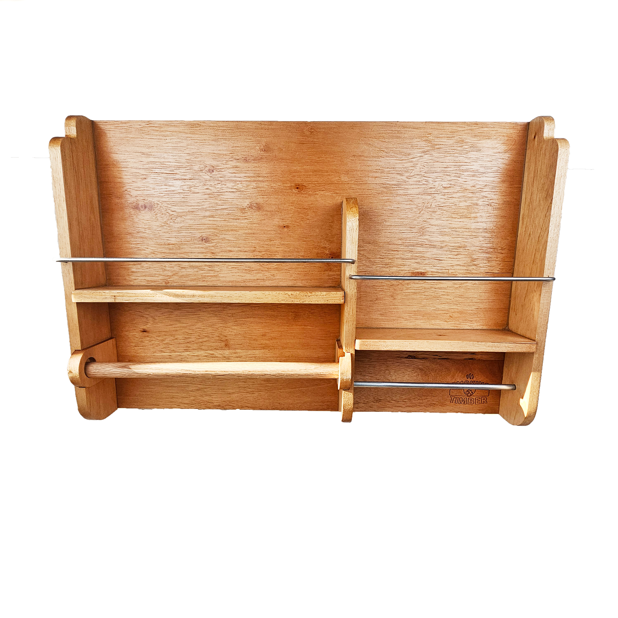 Cedar spice rack mounted on wall holding BBQ rubs