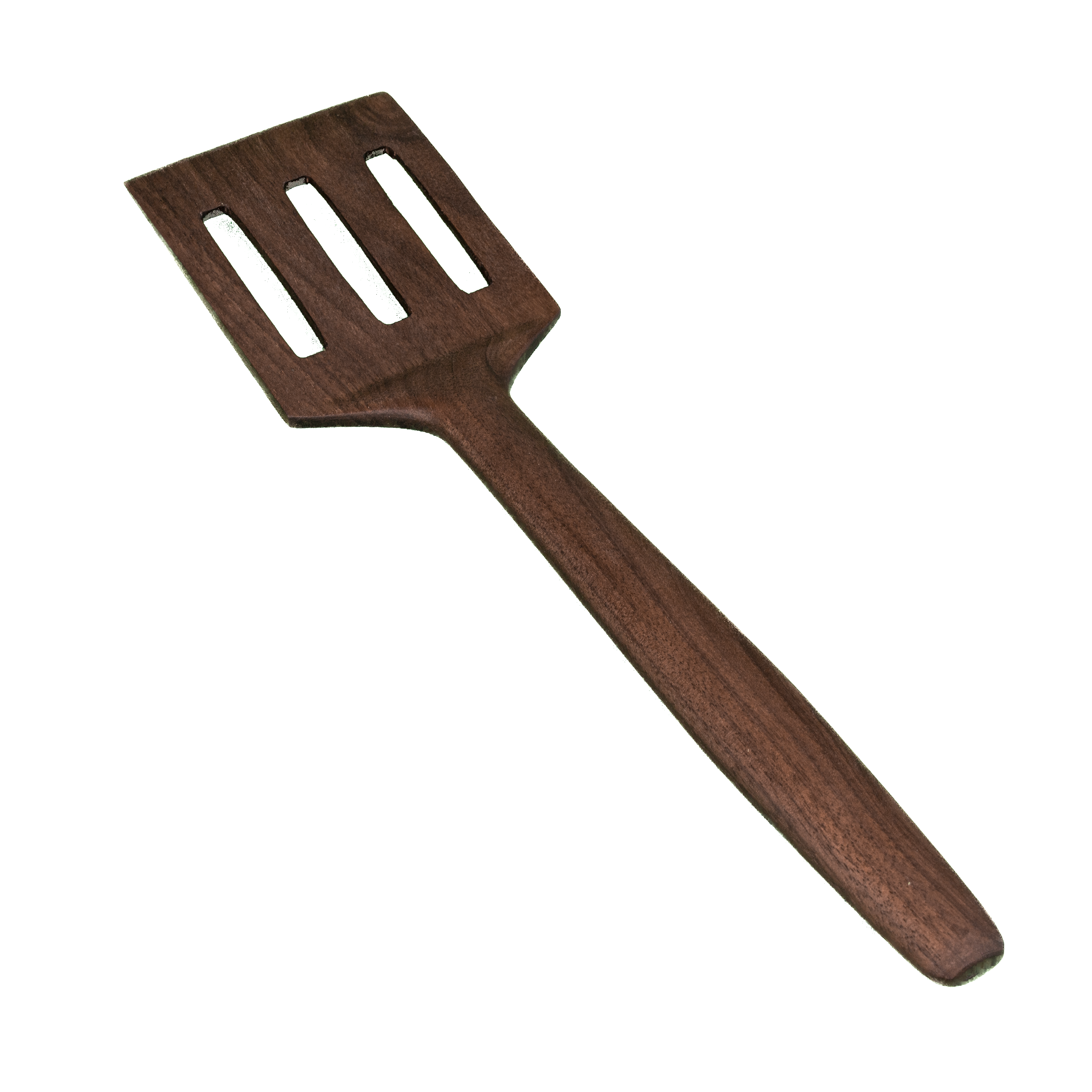 Slotted wood turner spatula for flipping and draining in the kitchen