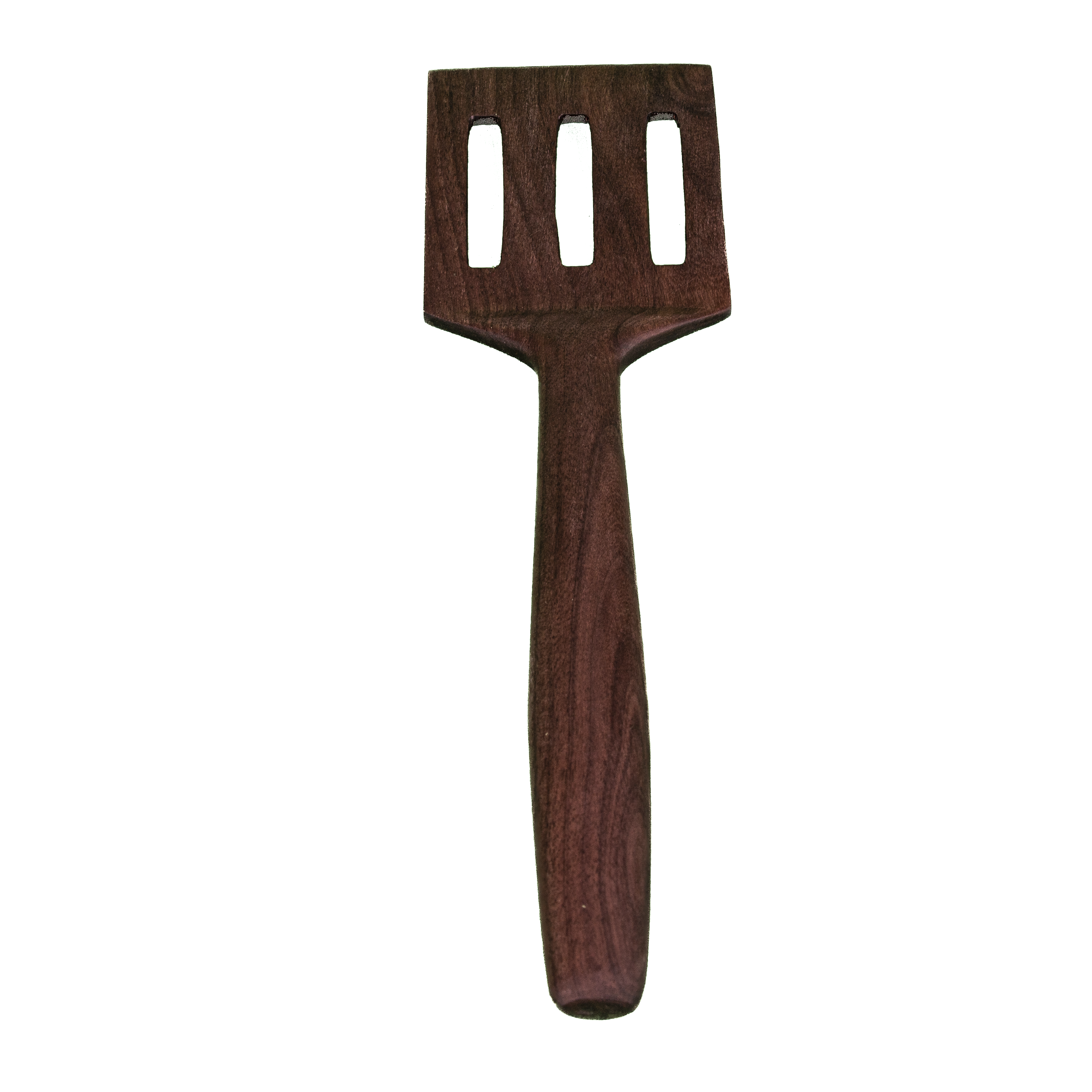 Slotted wood turner spatula for flipping and draining in the kitchen