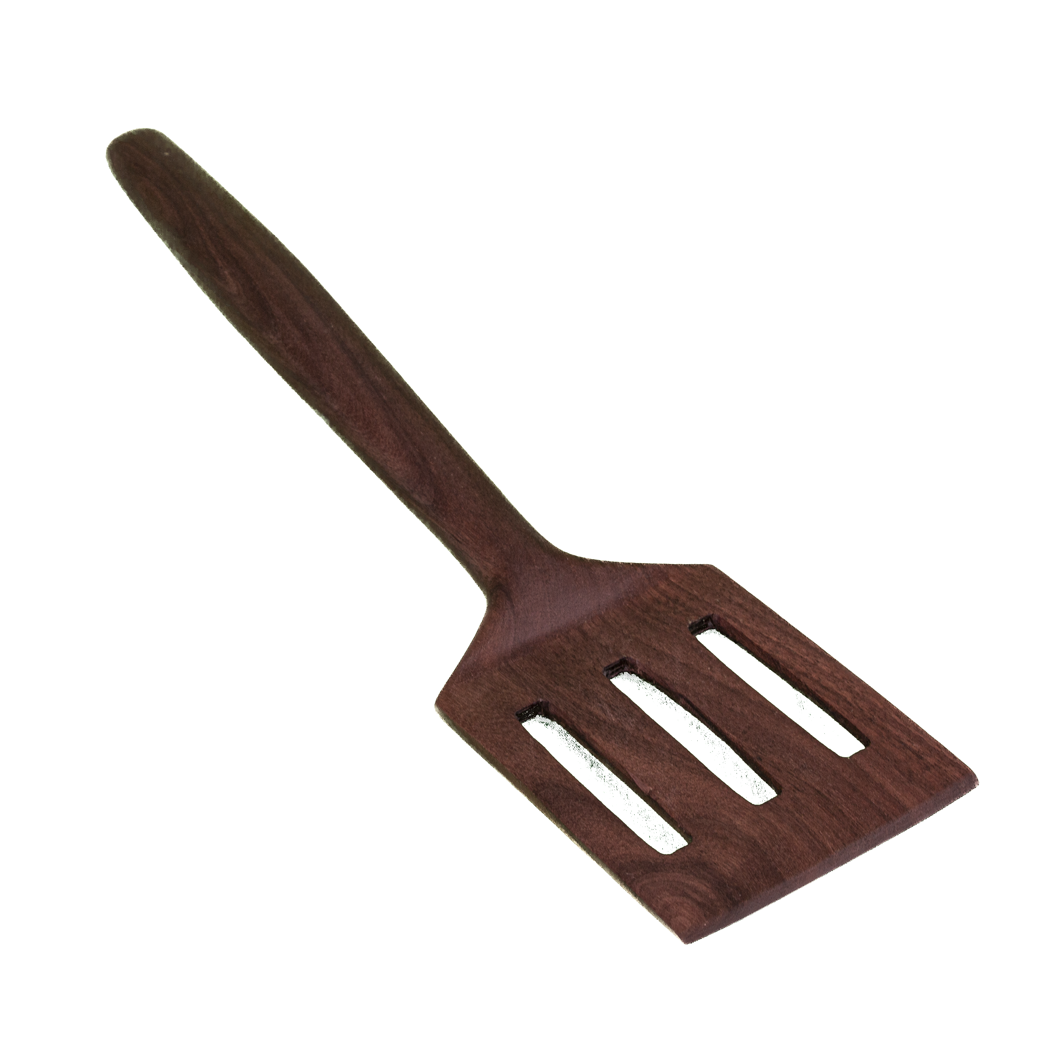Slotted wood turner spatula for flipping and draining in the kitchen