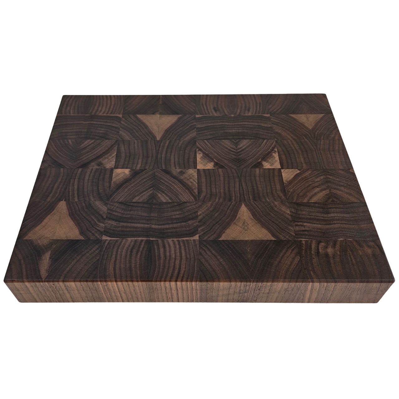 End grain walnut cutting board on countertop for prep and serving