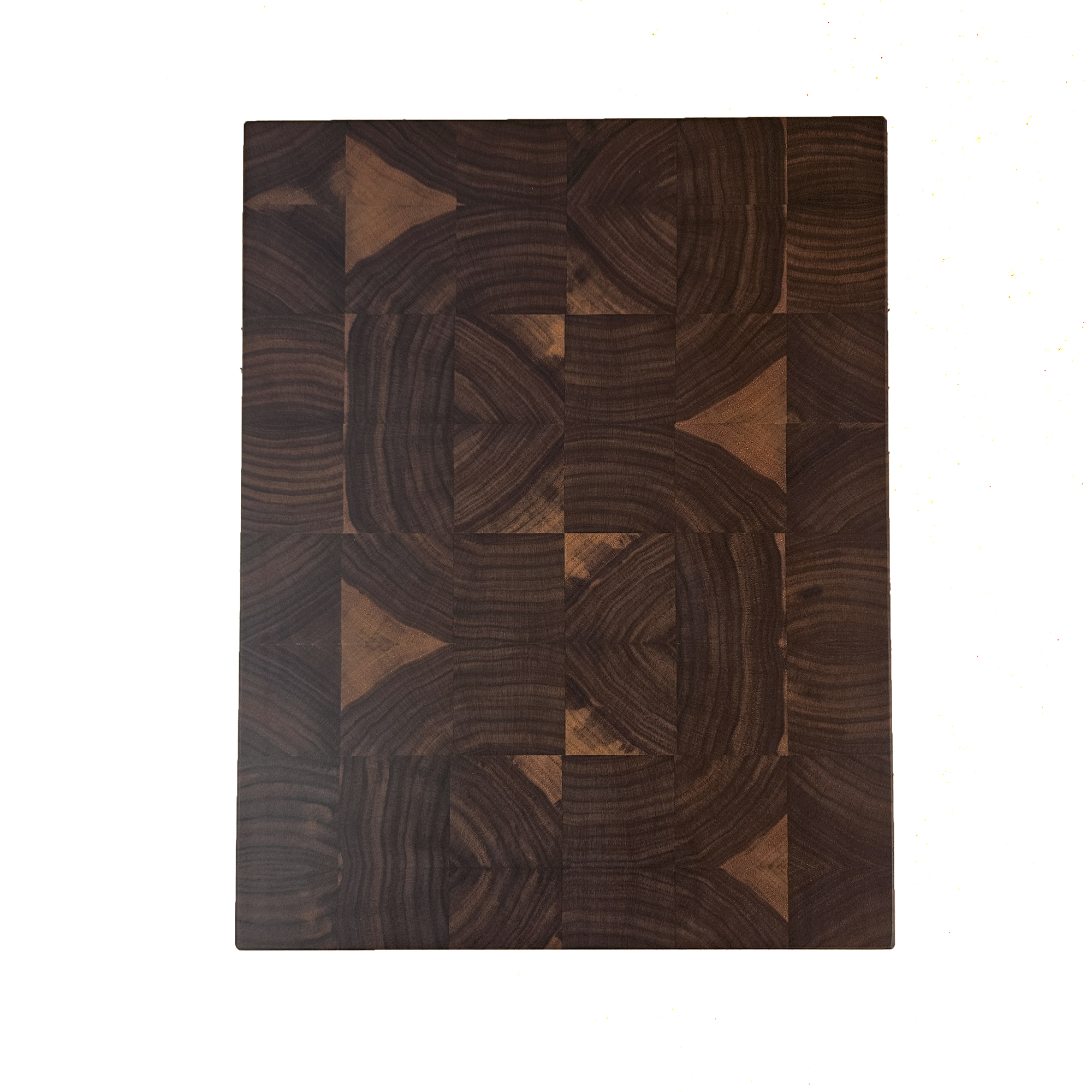 End grain walnut cutting board on countertop for prep and serving