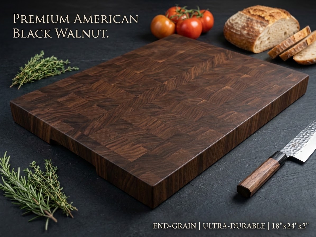 End grain walnut cutting board on countertop for prep and serving