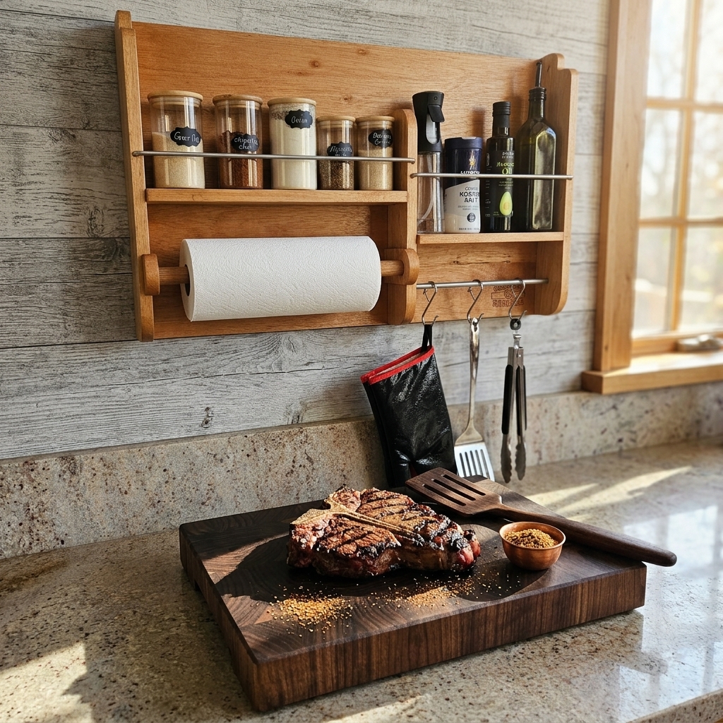 End grain walnut cutting board on countertop for prep and serving