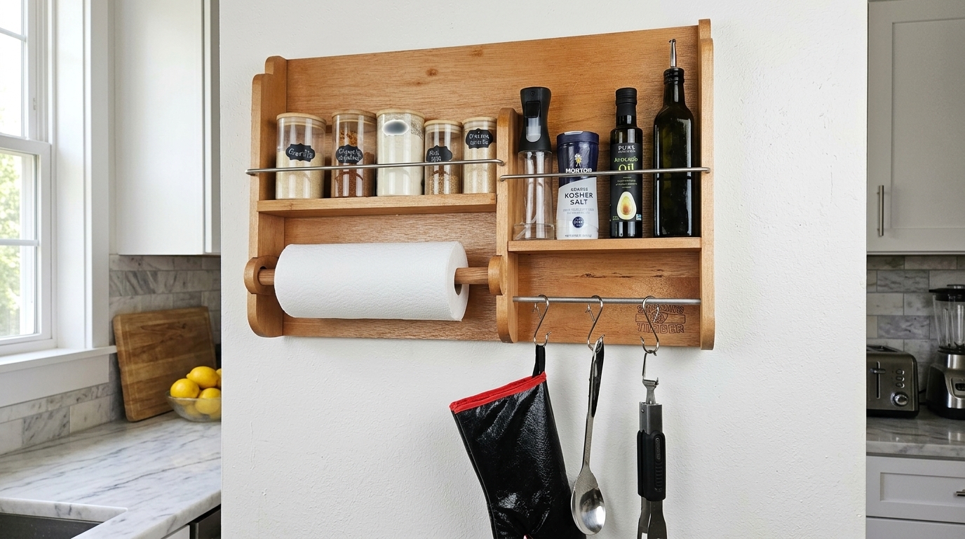 Cedar spice rack mounted on wall holding BBQ rubs