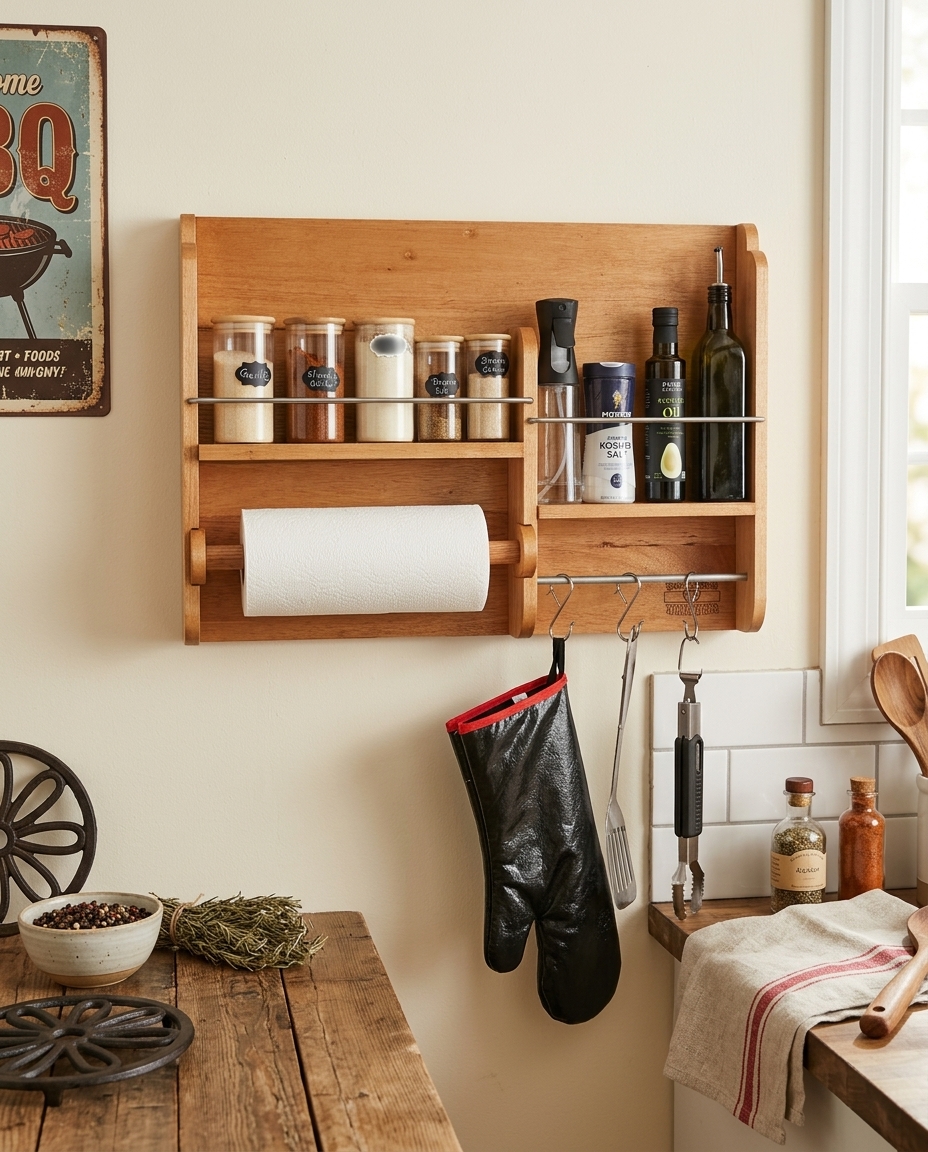 Cedar spice rack mounted on wall holding BBQ rubs
